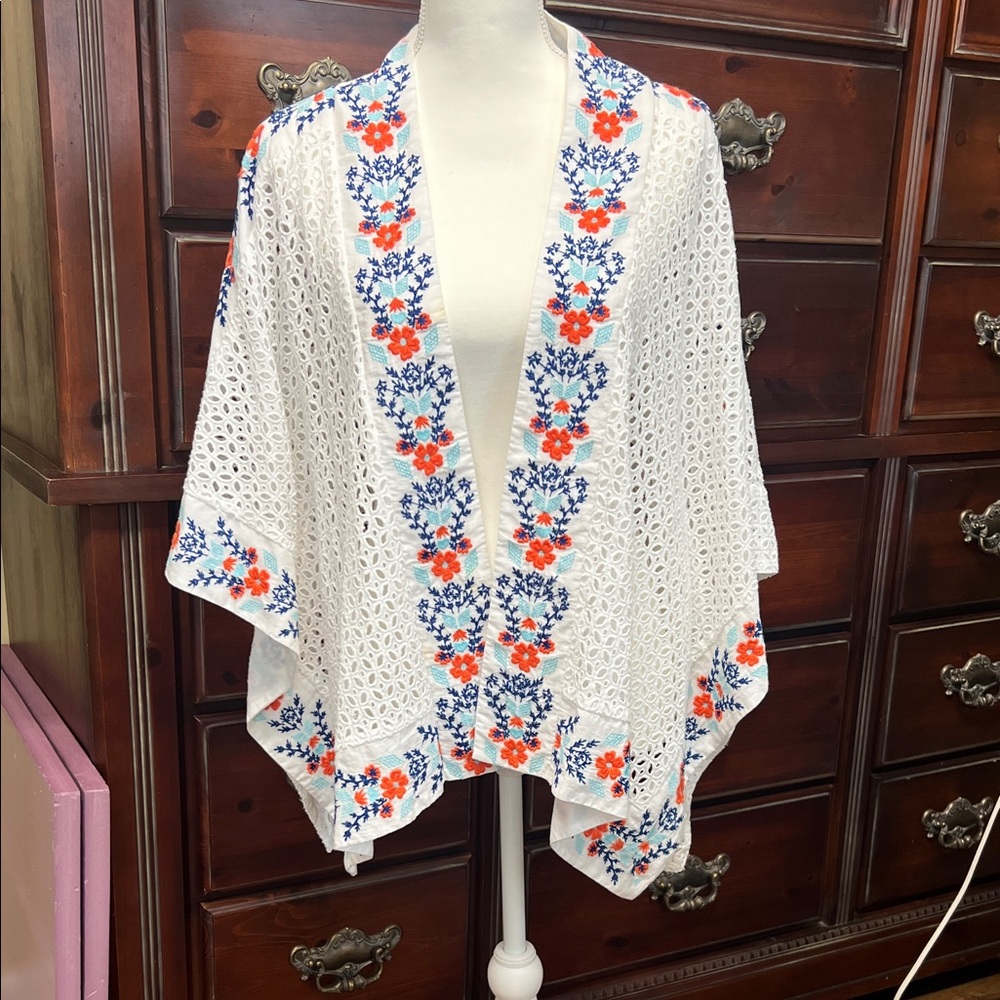 Tolani White Wrap with Blue and Orange Floral Embroidery
